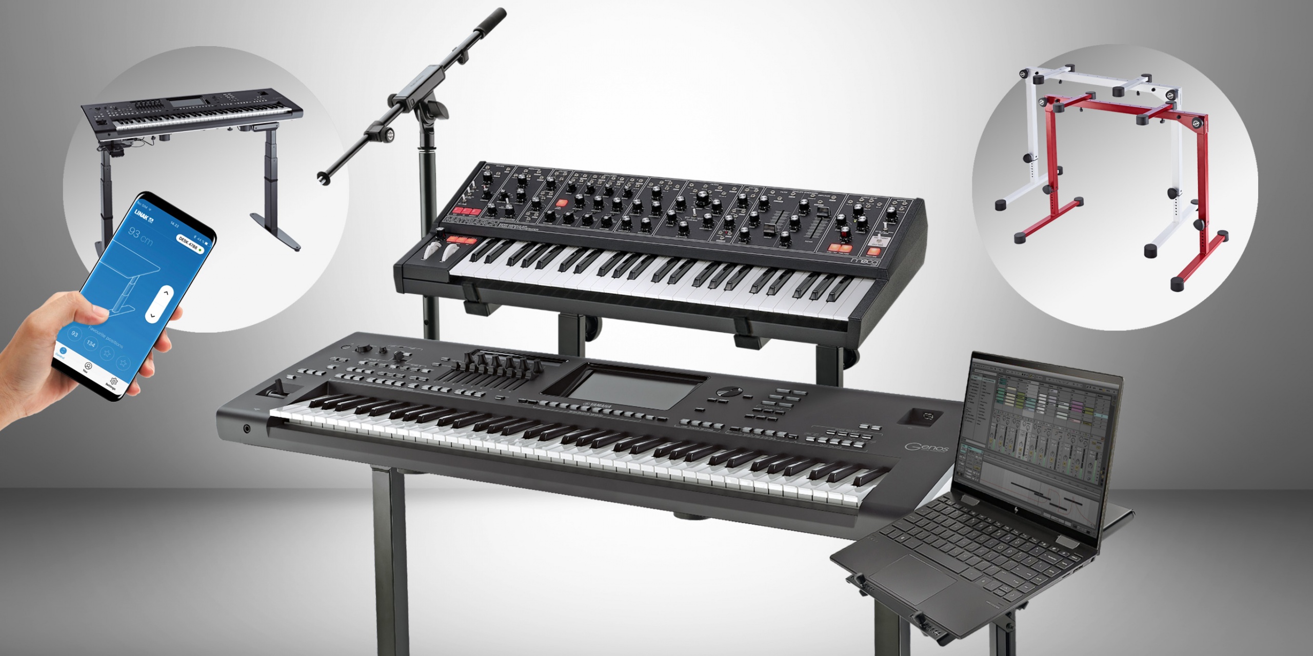 Omega-E Produktbilder mit Instrumenten und Zubehör wie Mikrofonarm + Laptop-Halterung