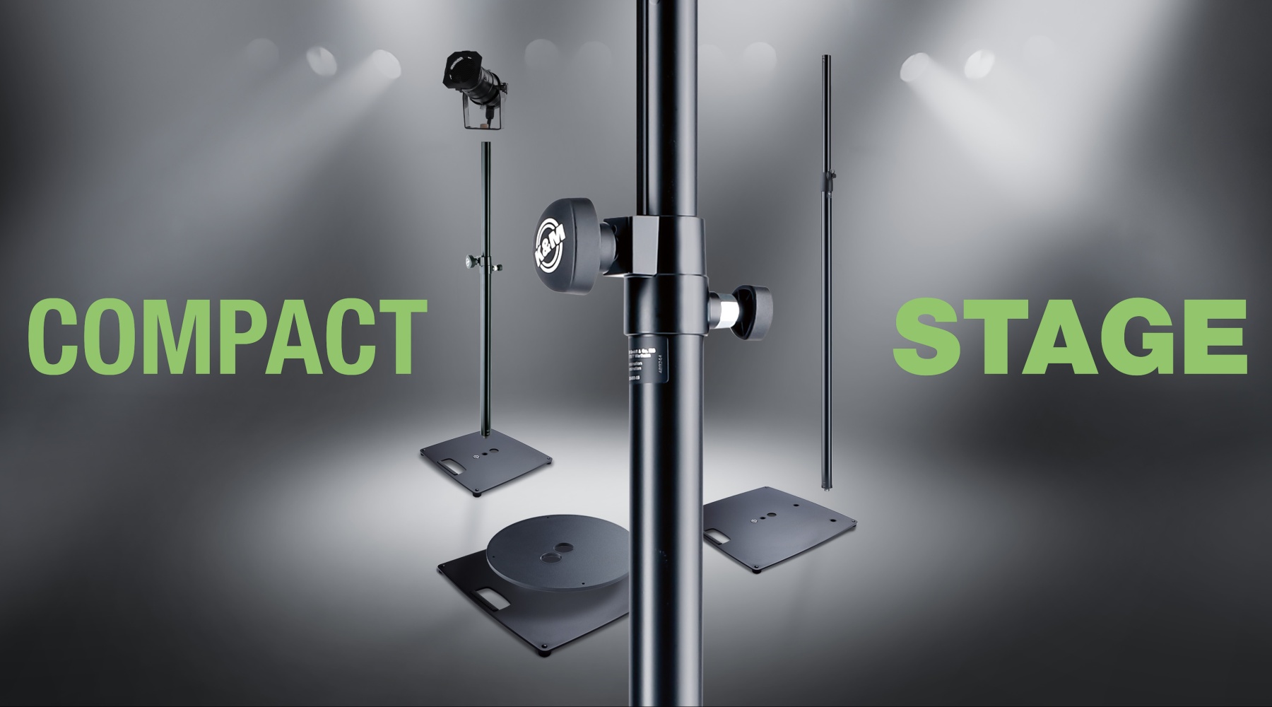 Leuchtenstative und Boxenstative präsentiert K&M in der Compact Stage Serie